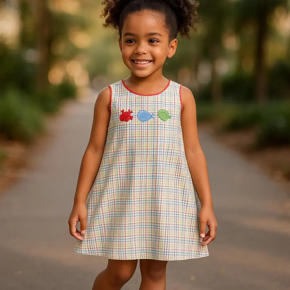Glorimont Girls Dress Sz 4T Sleeveless Jumper Plaid Red Blue Green Sea Life Crab